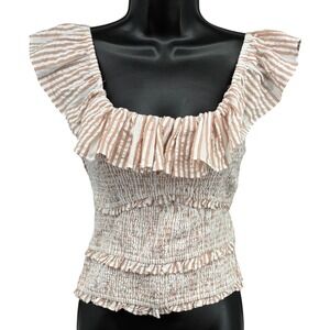 By Anthropologie Pink White‎ Stripe Smocked Tie Front Crop Top Ruffle XS